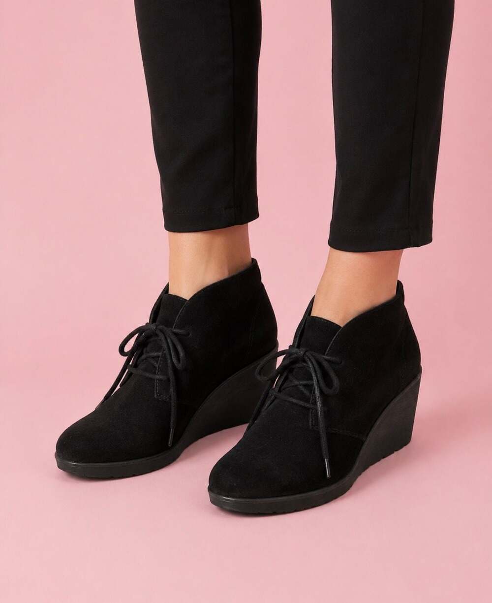 Clarks Collection by Clarks Women's Black Suede Lace-Up Wedge Booties, Sz 7